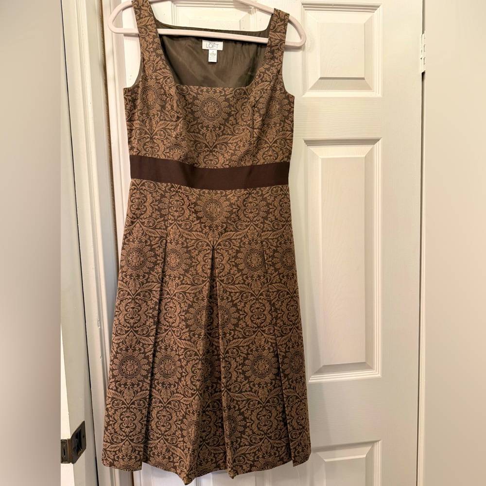 LOFT Brown A-Line Midi Dress Scoop Neck Pleated